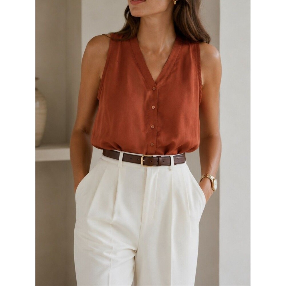 Rust Sleeveless Button Front Blouse Cami Top XS Lightweight Flowy Office Siren E